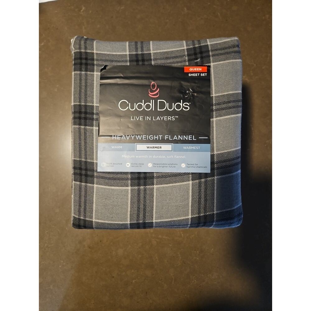 New Cuddl Duds Queen Heavyweight Flannel Sheets Set Gray Plaid Brushed Cotton